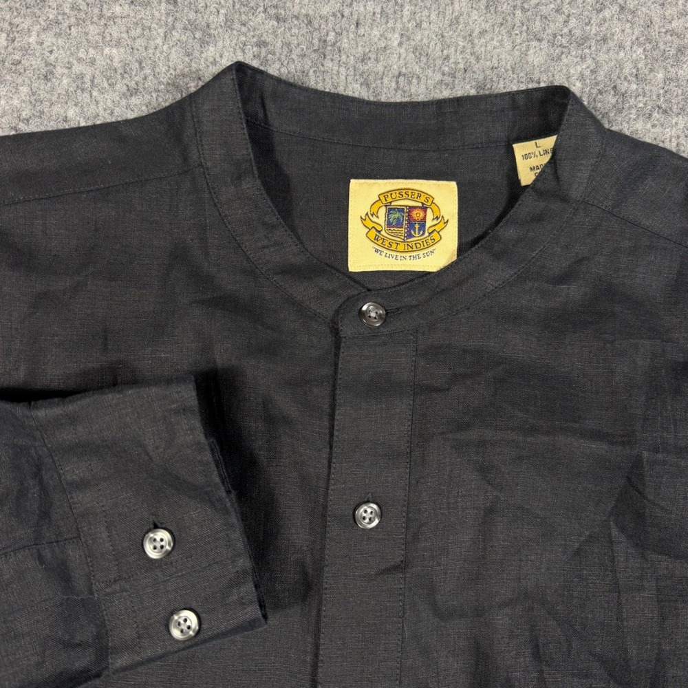 Pusser's Button Up Shirt Grandad Collar Mens Large Black 100% Linen Band Collar